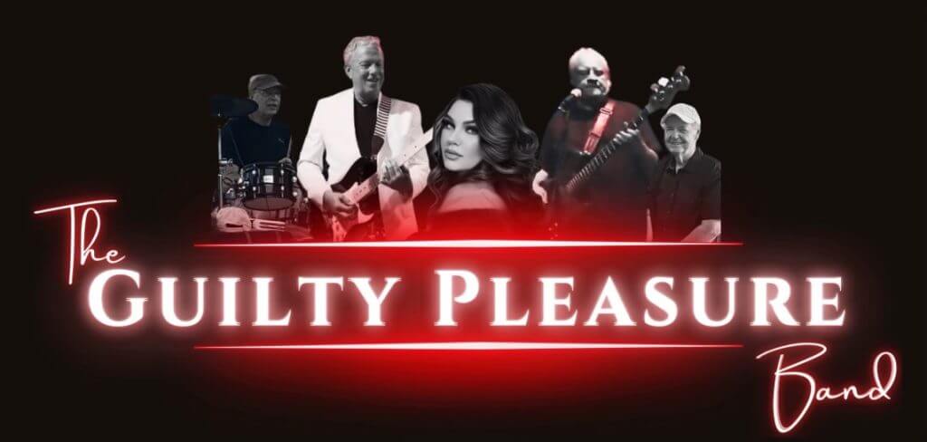 The image shows a promotional graphic for "The Guilty Pleasure Band" featuring five band members playing instruments with the band's name prominently displayed in glowing red and white text.