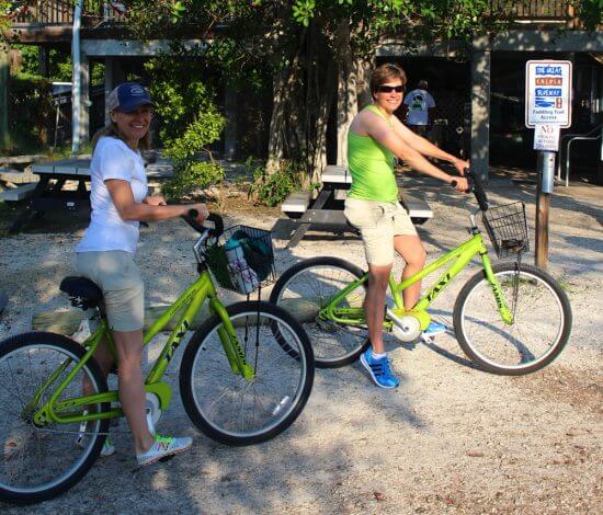 Two individuals riding bicycles side by side on a scenic path, enjoying a sunny day outdoors.