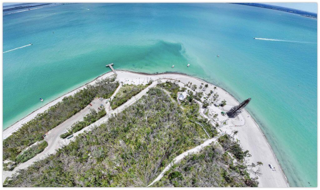 An aerial photo of Lighthouse Beach Park on Sanibel Island.